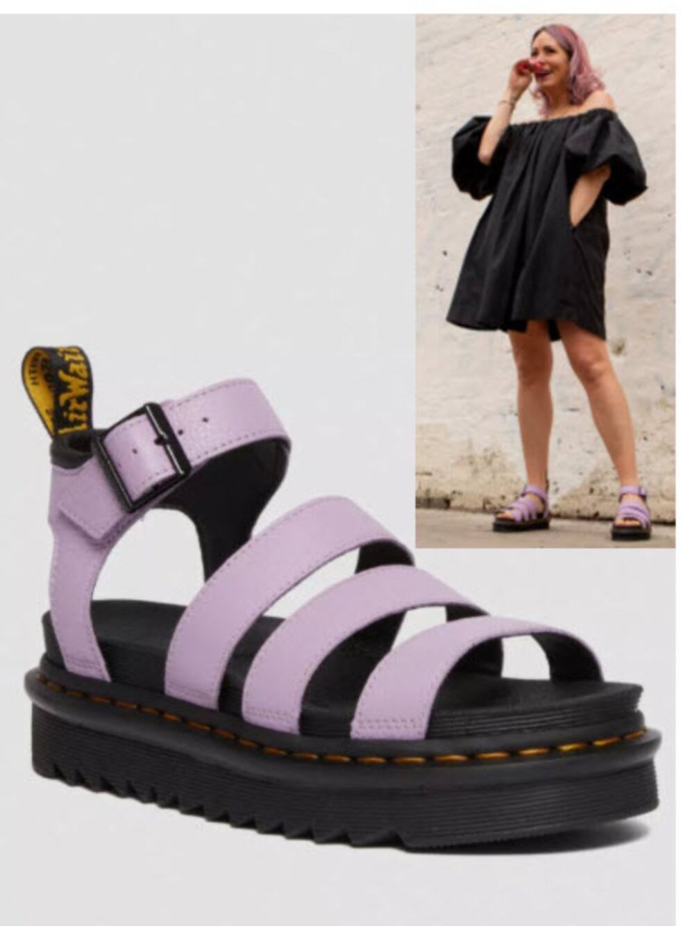 Dr. Martens Blair Lavender Leather Platform Sandal with Black Footbed 9 women’s
